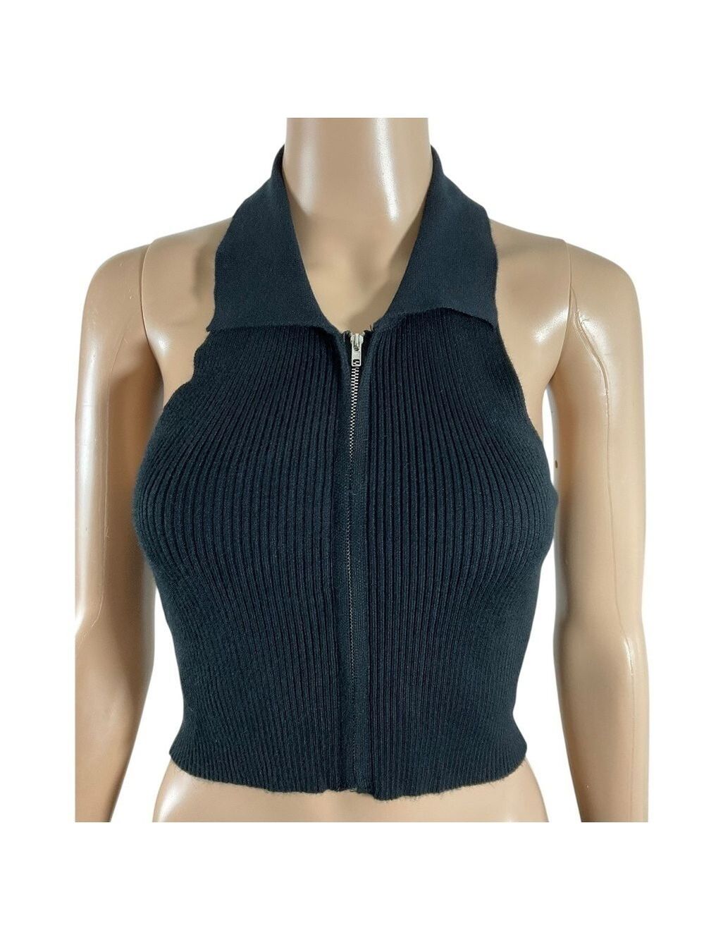 Debut Black Ribbed Knit Zip Front Collared Halter Crop Top M/L